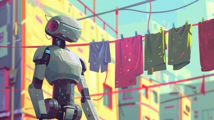 A stylized robot hanging colorful laundry on a line in an urban setting with vibrant buildings.