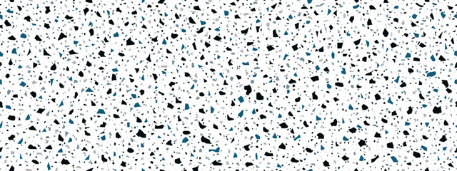 Terrazzo ceramic tile pattern of grey dark and blue marble stone mosaic, vector background. Terazzo or terrazo floor with broken marble stones and ceramic pieces texture in abstract geometric shapes