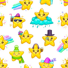 Cute kawaii stars and twinkle characters seamless pattern. Vector funny, whimsical and charming background with adorable celestial personages sparkles across the backdrop, textile, tile or wallpaper