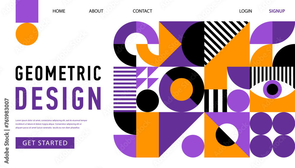 Aufkleber Site landing page with abstract geometric pattern, creative template. Vector modern modular web banner design with bright purple, white, black and orange colors, dynamic minimal geometry shapes