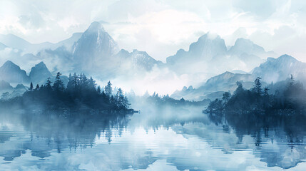 Ink style landscape painting in blue tones, ink style landscape painting concept illustration