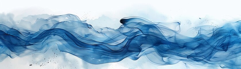 Vibrant blue smoke watercolor, fluid swirls on a pristine white background - obrazy, fototapety, plakaty