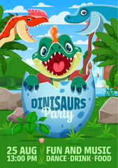 Dino party flyer with cartoon dinosaur characters in jungle, vector invitation for kids event. Jurassic park entertainment party poster for fun and music or children picnic and archeology adventure