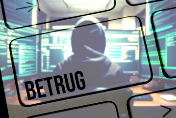 Ein Hacker am Computer, Tastatur und Betrug - obrazy, fototapety, plakaty