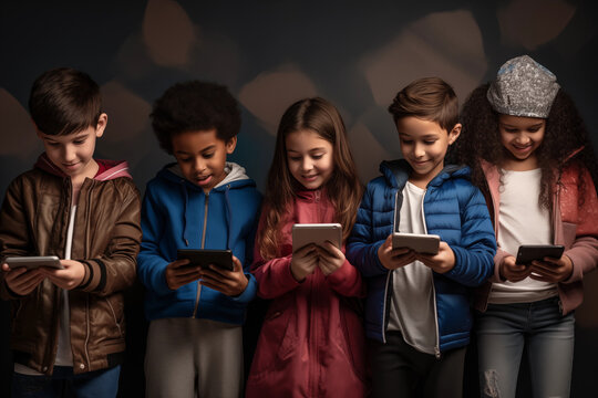 Boys and girls using digital tablet. Children with diverse nationality interacting via technology, such as video calls or social media platforms