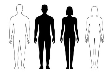 Man and woman human body silhouette, outline figure, patient front view contour. Isolated vector monochrome male and female person shapes, standing full height. Bare and naked slim healthy people - obrazy, fototapety, plakaty