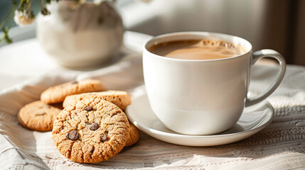 a cup of coffee and some cookies on a plate on a table. generative ai