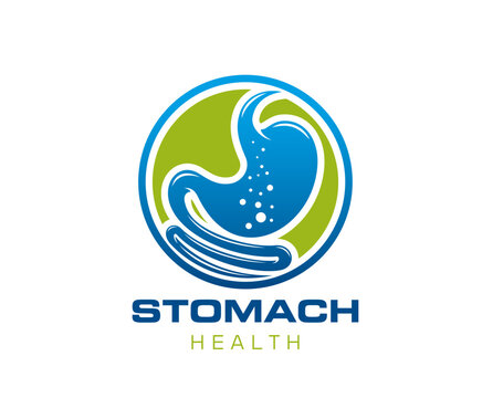 Stomach health care icon. Isolated vector gastroenterology clinic emblem of healthy human digestive system inside of green circle. Medical label of belly, internal gut or colon cure and wellbeing