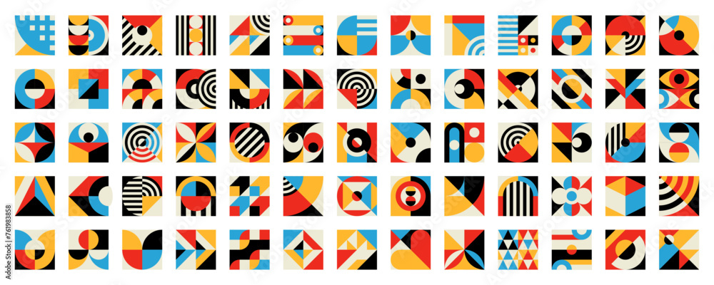 Poster Abstract geometric modern bauhaus elements. Vector set of shapes in minimal style. Basic forms, clean lines, eyes, circles, triangles and squares. Colorful modern simple figures embodying simplicity