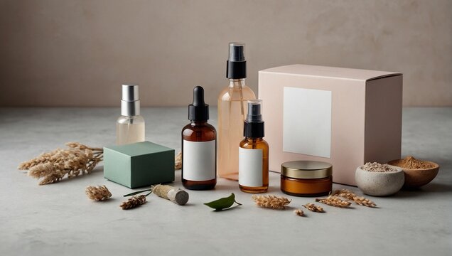 Mockup of cosmetic bottles with blank label and dried flowers, Natural organic cosmetics.