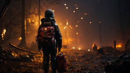 Naklejka premium Man Walking Through Woods With Backpack
