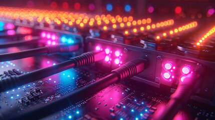 Optical fiber cable connected to data center port, internet equipment, technology and networking background concept illustration