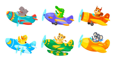 Baby animal characters on planes, vector cartoon squirrel and crocodile, duck and koala. Funny lion and hippo as airplane pilots for kids toy, funny characters aviators flying in propeller planes