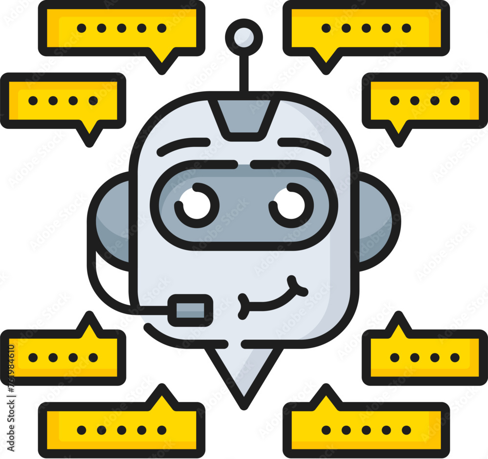 Poster Artificial intelligence analysis, AI chatbot, machine learning algorithm linear color icon. Machine learning, AI computer innovation line vector sign with robot, chatbot face and message clouds
