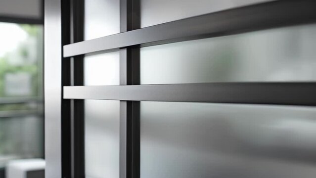 A detail shot of a stylish room divider constructed from a combination of sleek metal and frosted glass panels. The frosted glass allows soft light to filter through while