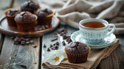 Chocolate muffins with fragrant tea. On a wooden background. - obrazy, fototapety, plakaty
