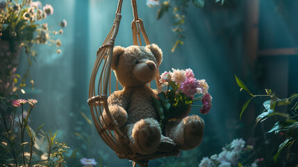 Teddy bear sitting on swing in fairy forest