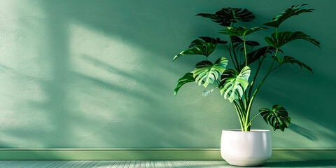 Banner with a potted houseplant on a background of an empty green wall