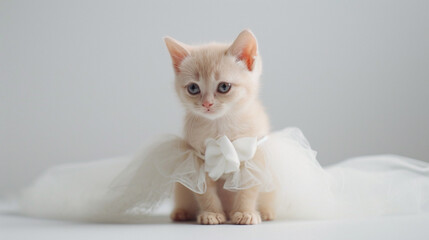 kitten on white in pink dress
