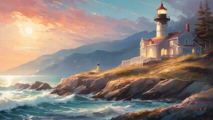 A painting of a lighthouse on a rocky shore with the sun setting in the background. The mood of the painting is serene and peaceful - Powered by Adobe
