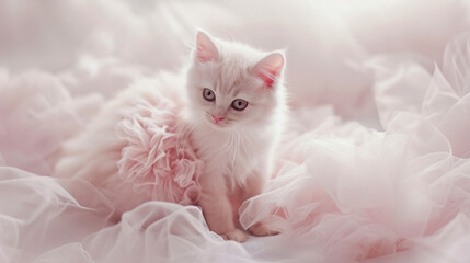 white kitten on pink background with beautiful frock 