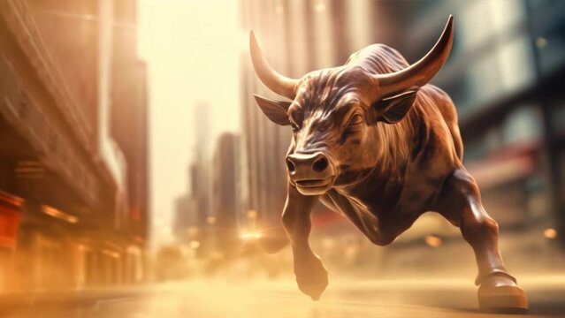 Bull and the stock market,Investment finance chart, stock market arrow with one blurry Bull walking,