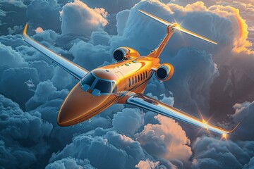 Naklejka premium A jet airplane soars through a cloudy sky, ready to transport travelers across the world