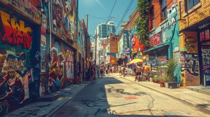 Fototapeta premium A vibrant street filled with colorful murals and graffiti, bustling with activity and creativity.