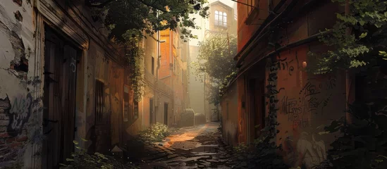 Foto op Canvas View of the sunset light from a quiet alley. © Vusal
