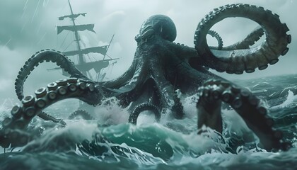 Kraken or giant octopus in the storm - obrazy, fototapety, plakaty