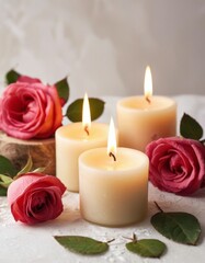 Fototapeta na wymiar Three burning wax candles and roses on a light background. Romantic atmosphere background for a banner, flyer, poster or postcard with copy space.