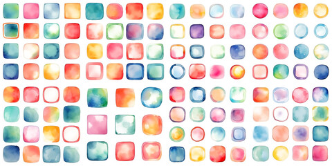 Watercolor Bundle of Hand-Painted Round Shapes, Set of colorful square shapes, stains frames isolated on white and transparent background
