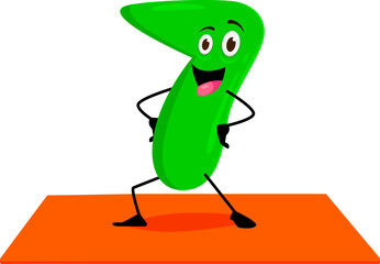 Cartoon math number seven character on yoga fitness sport. Isolated vector 7 engage in playful yogi pose, turning equations into stretches. Vibrant practice making learning enjoyable for young minds