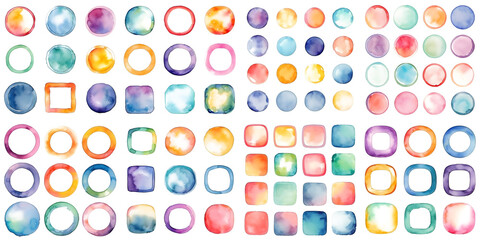 Watercolor Bundle of Hand-Painted Round Shapes, Set of colorful square shapes, stains frames isolated on white and transparent background