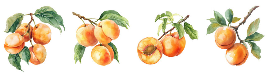 Set of apricot branches, PNG set - obrazy, fototapety, plakaty