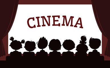Kids cinema, movie theater children silhouettes. Vector banner with little viewers entranced by a glowing screen, creating a magical atmosphere in the enchanting world of cinematography, rear view - 761990234
