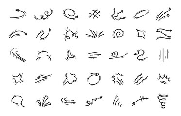 Hand drawn movement motion lines. Comic or manga motion page pencil doodle vector symbols set. Hand drawn graphic effect speed or hit movement, surprise expression, scream effect lines collection - 761991051