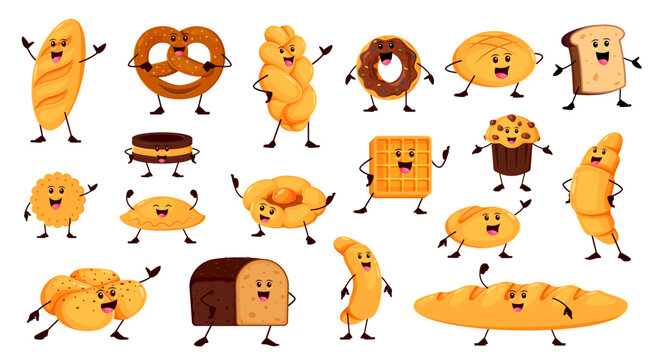 Cartoon funny bread and bakery characters. Vector loaf, pretzel, donut, toast and cookie. Braided or round shaped bread, khachapuri, cross bun, baguette and patty. Croissant, cupcake baked personages