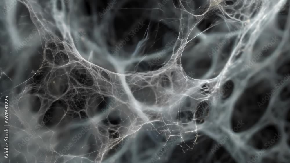 Poster a magnified image of aerographite fibers interwoven in a complex pattern resembling a futuristic spi