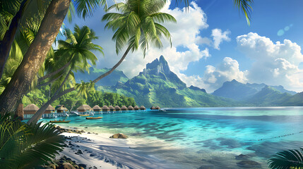 Idyllic Tahitian Scenery: Palms, Canoes, and Overwater Bungalows