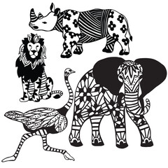 Fototapeta na wymiar Wild Animals | Lion, Rhino, Ostrich, Elephant | Line Art