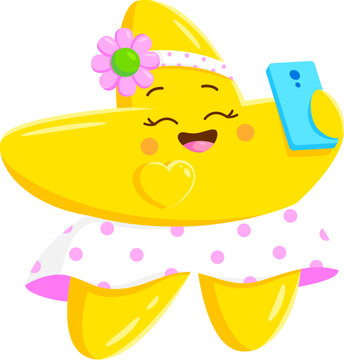 Cartoon kawaii star character takes a selfie. Isolated vector twinkle girl personage wearing skirt and headband, with happy eyes, rosy cheeks and smiling face, snaps a cheerful shots, radiating joy