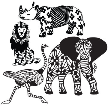 Wild Animals | Lion, Rhino, Ostrich, Elephant | Line Art