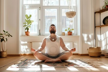 Fat man practicing yoga in a bright room with plants. - obrazy, fototapety, plakaty
