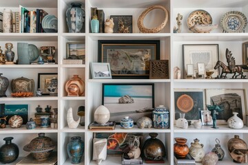 A shelf filled with a variety of vases of different shapes, sizes, and colors, showcasing a curated collection of decorative objects