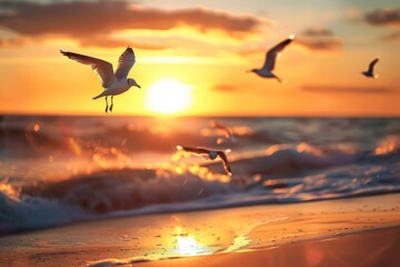 Fototapeta na wymiar Birds soar over the ocean as the sun sets, casting a golden glow on the water