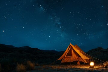A tent glowing with light stands under the night sky in the desert, creating a cozy atmosphere for camping