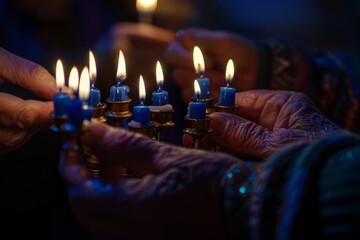 Individuals holding illuminated candles in their hands as part of a group ceremony for Hanukkah Menorah lighting - Powered by Adobe