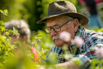 An elderly man with hat and glasses tending to a garden