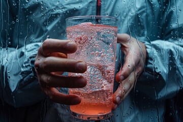 Closeup of a person holding a glass with a refreshing drink, condensation glistening on the glass - obrazy, fototapety, plakaty